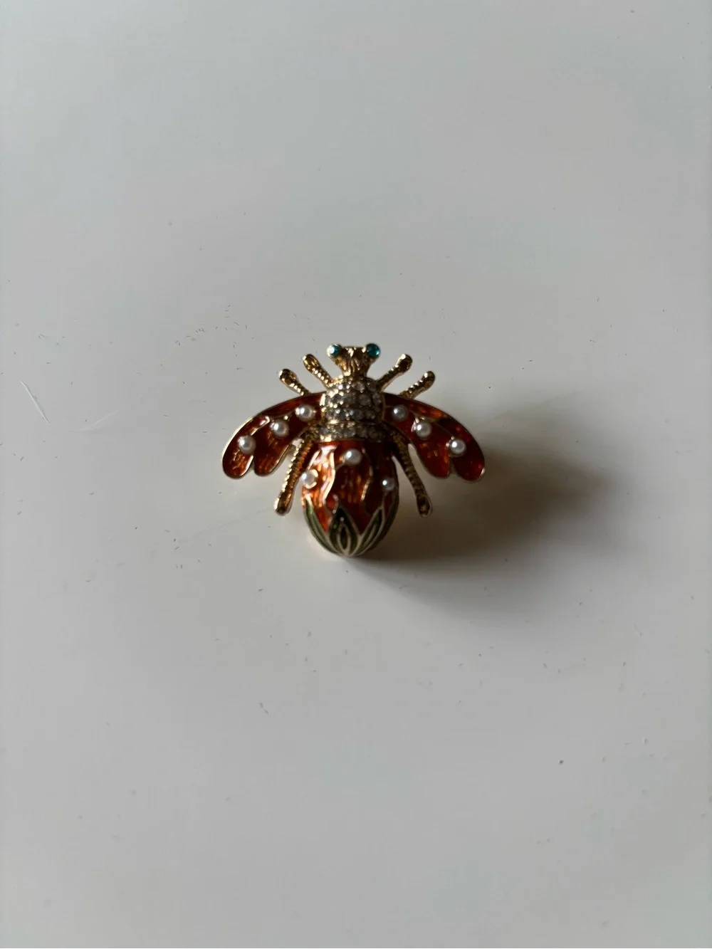 Vintage Bee Brooch Gold Tone Orange Enamel Faux Pearl Rhinestone Insect Pin